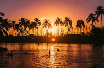 Sunset over Oahu waters with silhouetted palm trees reflected in calm water, ideal yacht charter destination