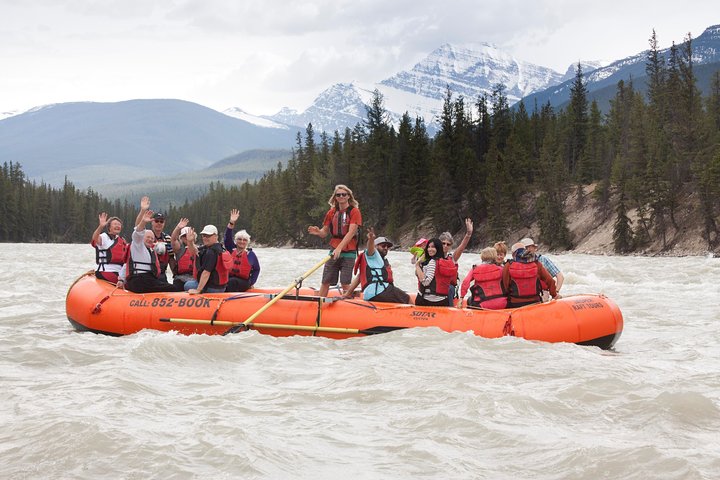 Edith Cavell Mountain in Background - Big Kids Having Fun! - Athabasca River Easy Scenic Raft Trip